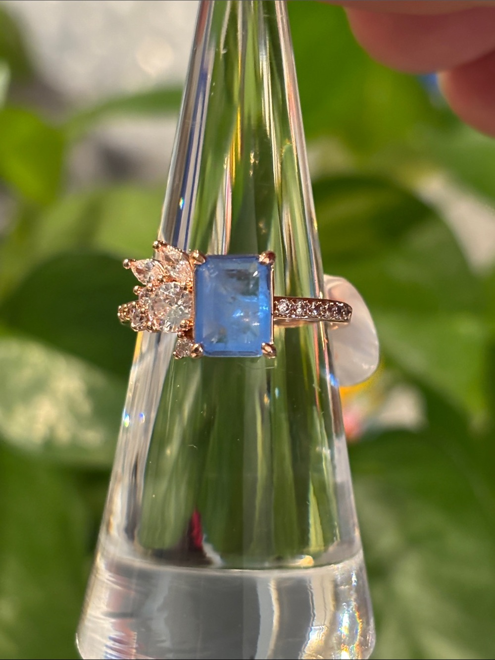 Rose Gold Ring with Rectangular Blue Gemstone and Pavé Accents - Blue